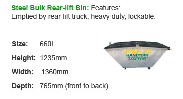 Steel Bulk Rear-lift Bin: Features: Emptied by rear-lift truck, heavy duty, lockable.